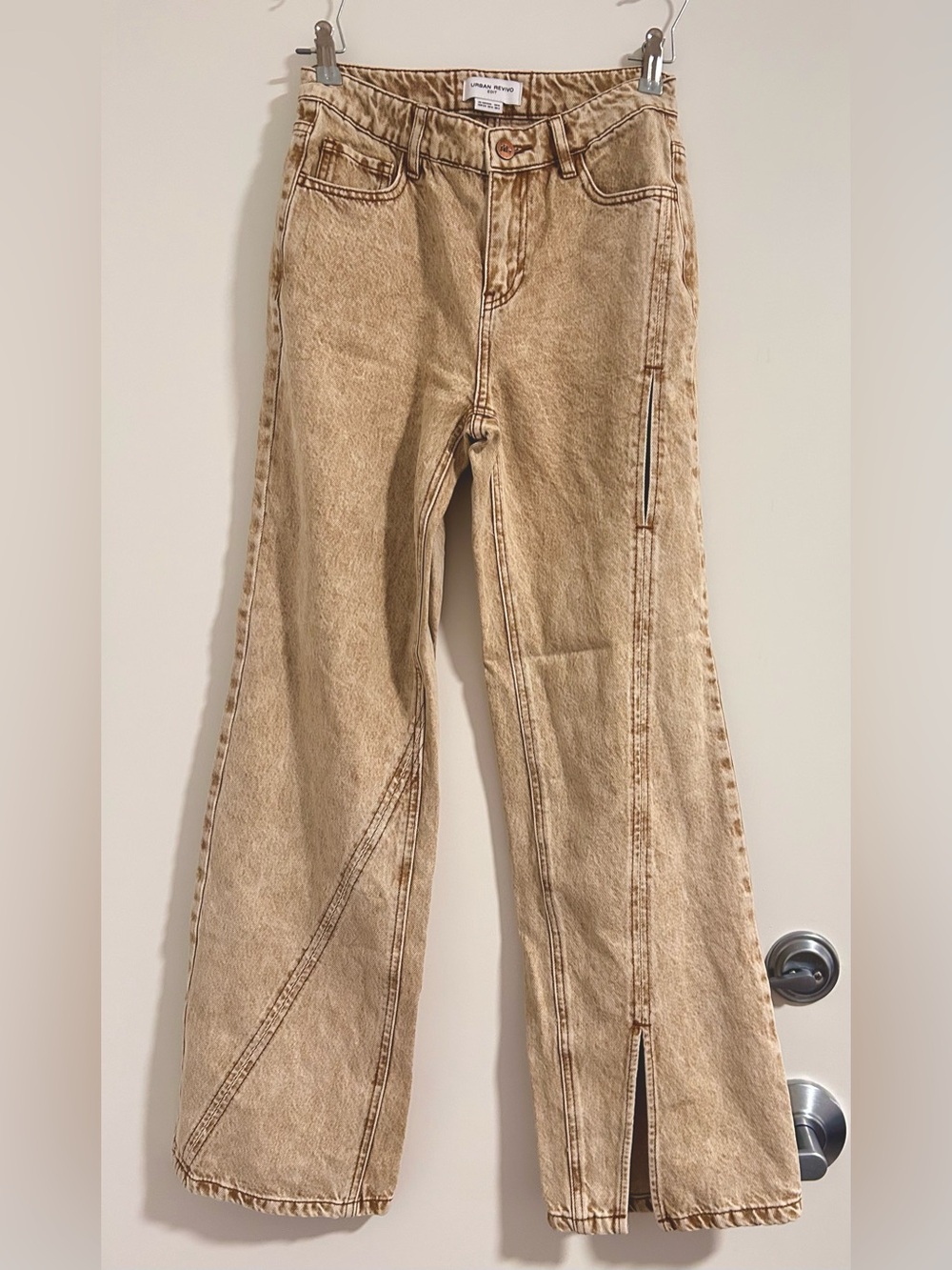Yellow Brown Wash-Effect Wide-Leg Denim Jeans with Side Slits